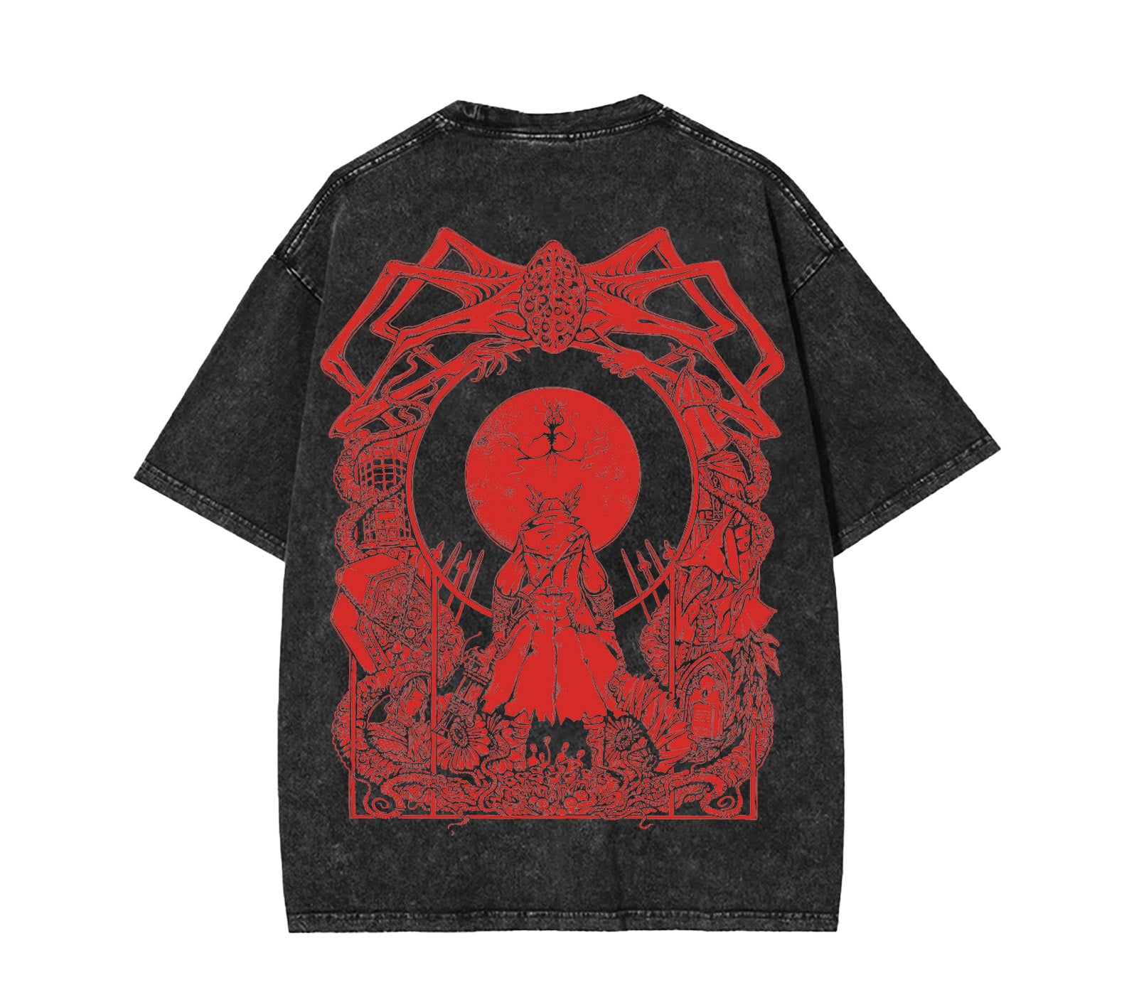 Bloodborne Blood Moon Double Printed Unisex Acid Washed Lightweight Cotton T-Shirt [TPR] - Image 3